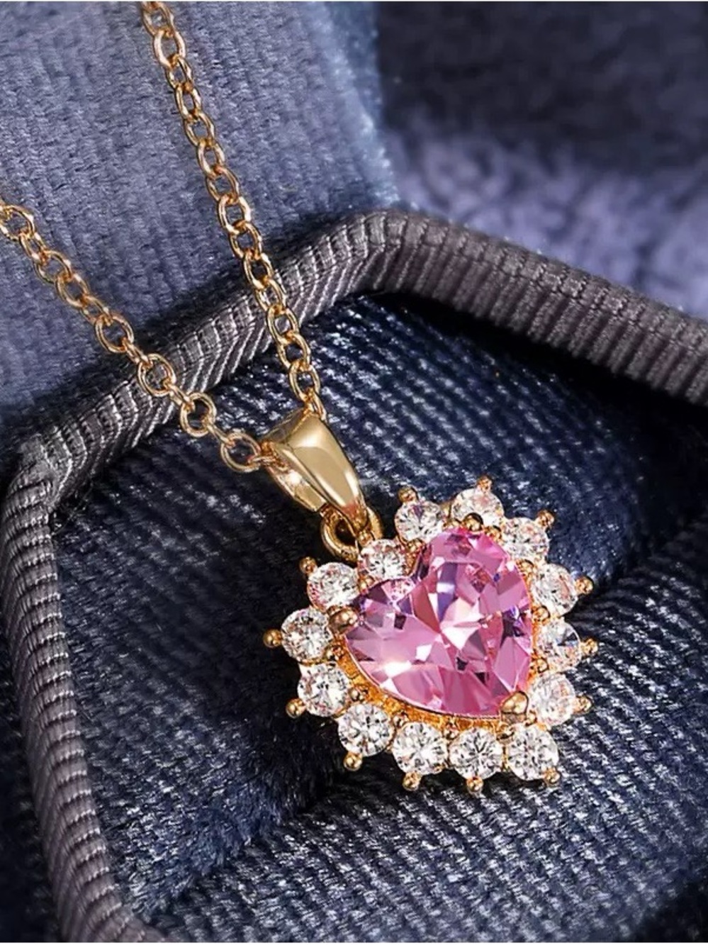 Anthropologie Gold Heart Pendant with Pink Crystal and Clear Halo